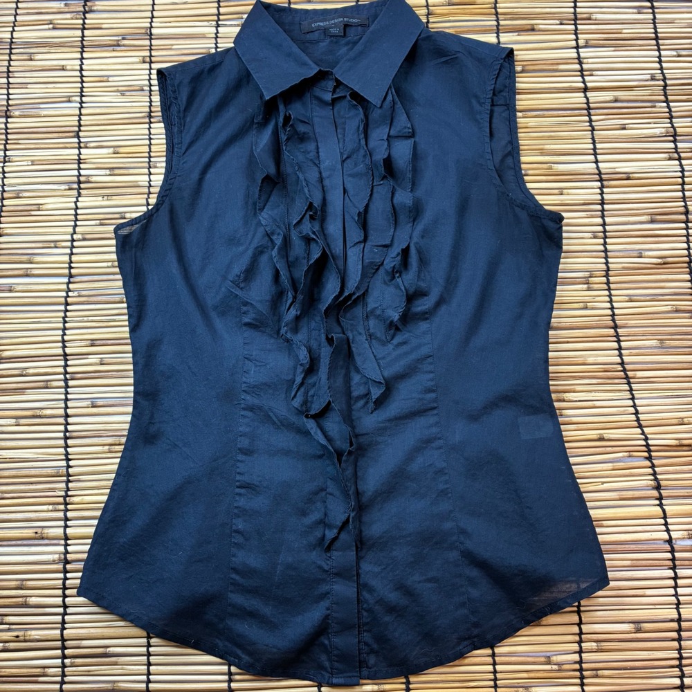 Express Design Studio Womens Black Ruffle Front Sleeveless Cotton Shirt Small